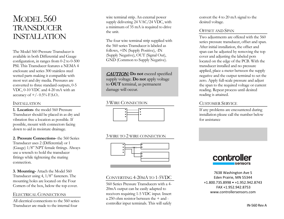 Controller Sensors 560 Series User Manual | 1 page