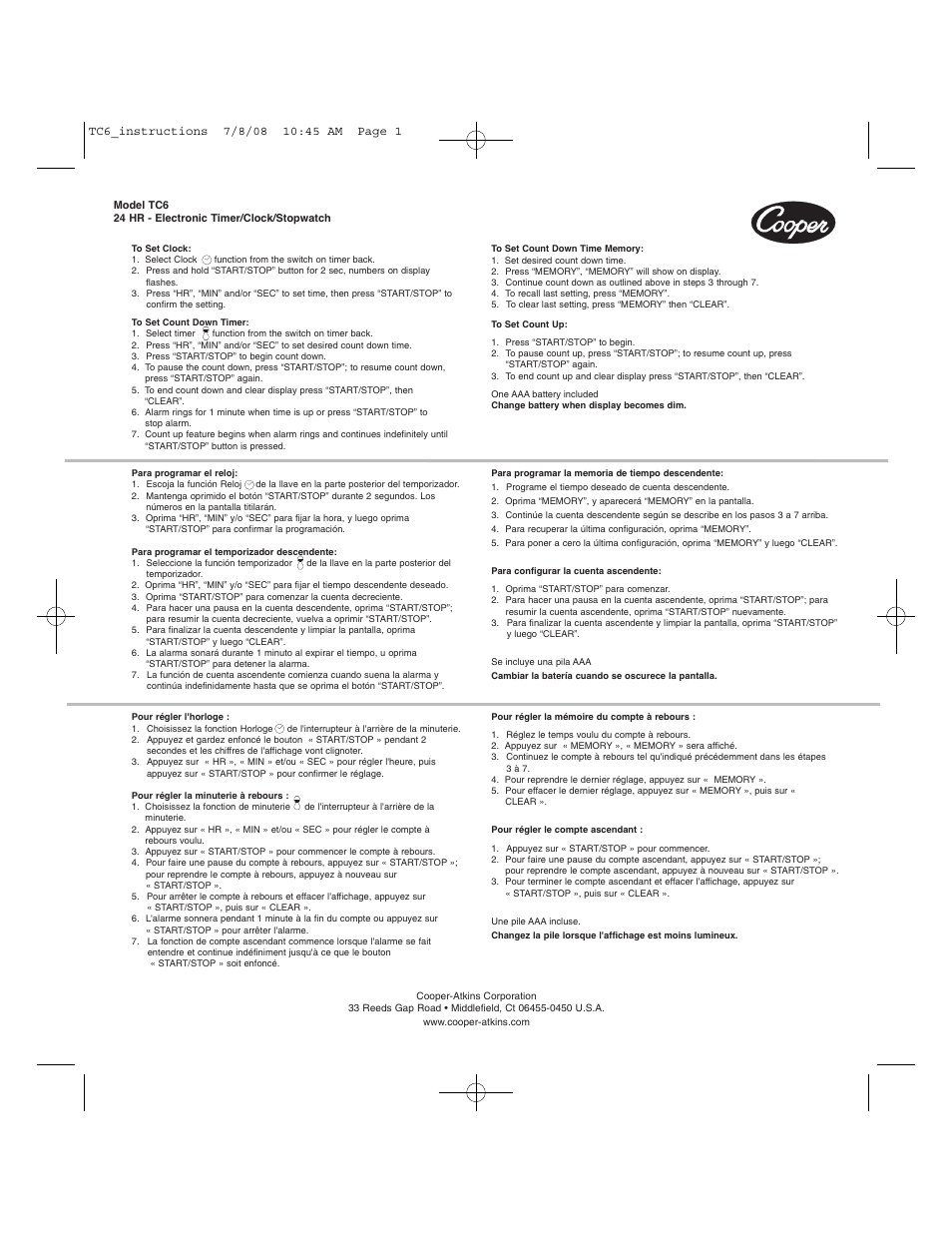 Cooper-Atkins TC6 User Manual | 1 page