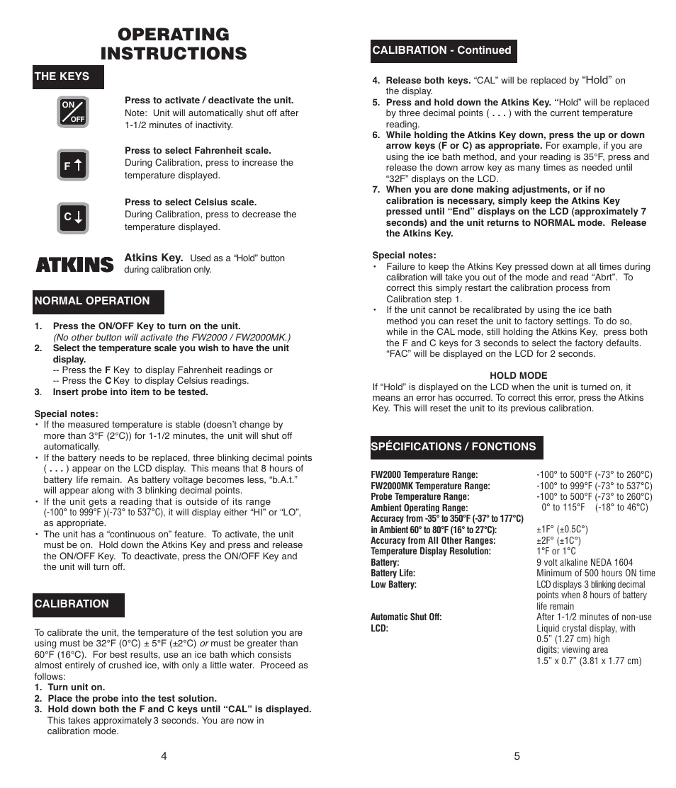Operating instructions | Cooper-Atkins FW2000MK User Manual | Page 3 / 8