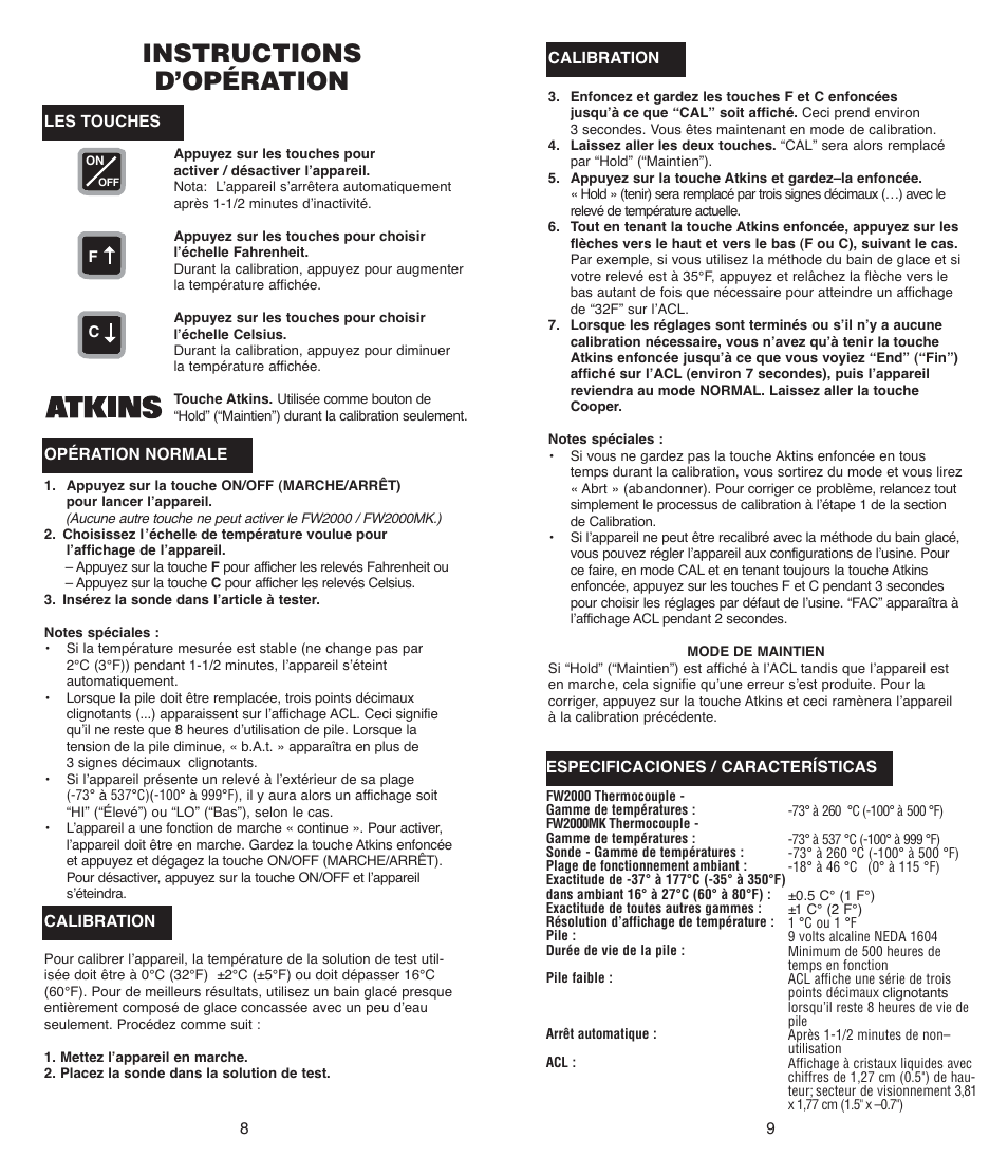 Instructions d’opération | Cooper-Atkins FW2000MK User Manual | Page 5 / 8