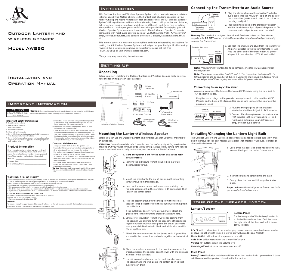 Acoustic Research AW850 User Manual | 2 pages