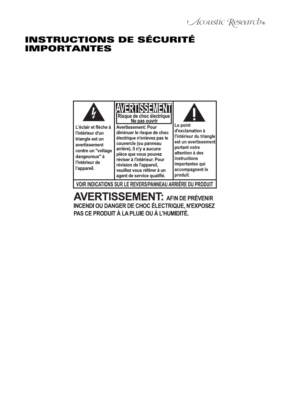 Instructions de sécurité importantes | Acoustic Research ART1 User Manual | Page 45 / 64