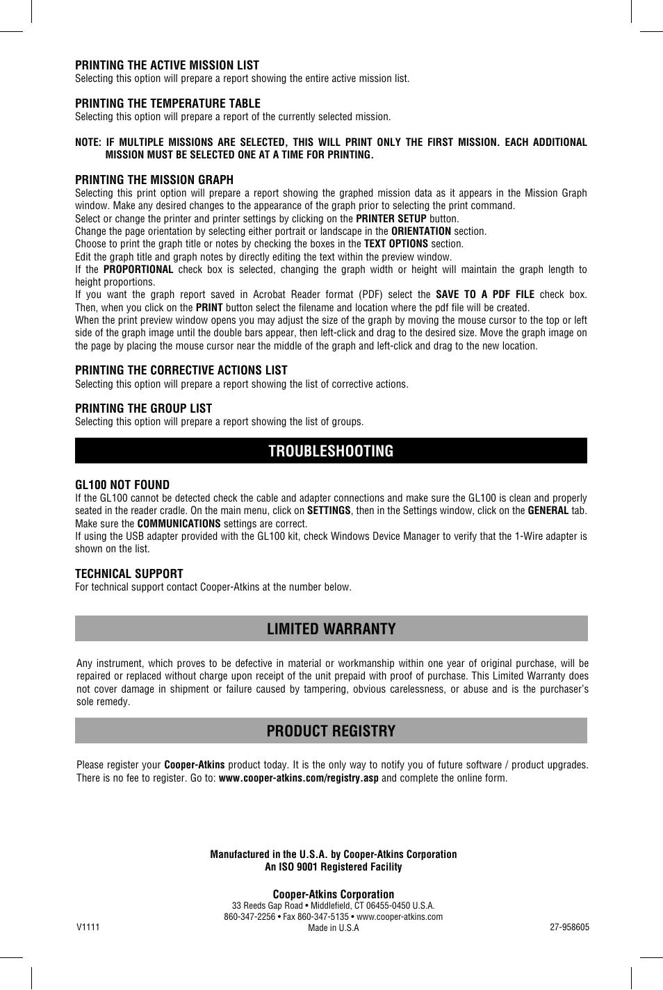 Troubleshooting, Limited­warranty, Product­registry | Cooper-Atkins GL100 User Manual | Page 8 / 8