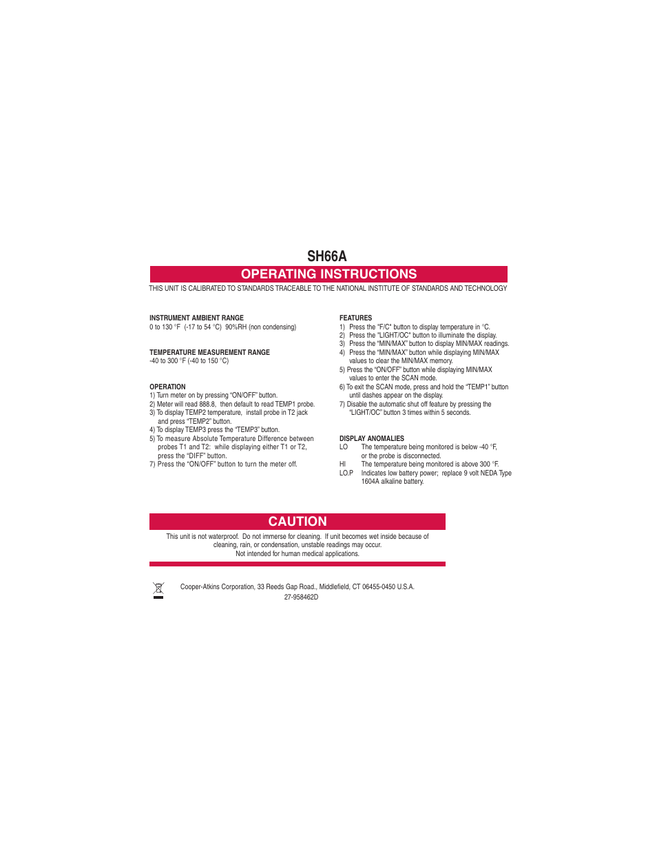 Cooper-Atkins SH66A-ONLY_Label User Manual | 1 page