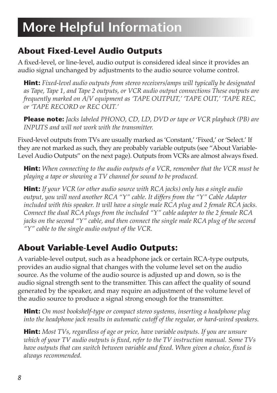 More helpful information, About variable-level audio outputs, About fixed-level audio outputs | Acoustic Research AW822 User Manual | Page 10 / 13