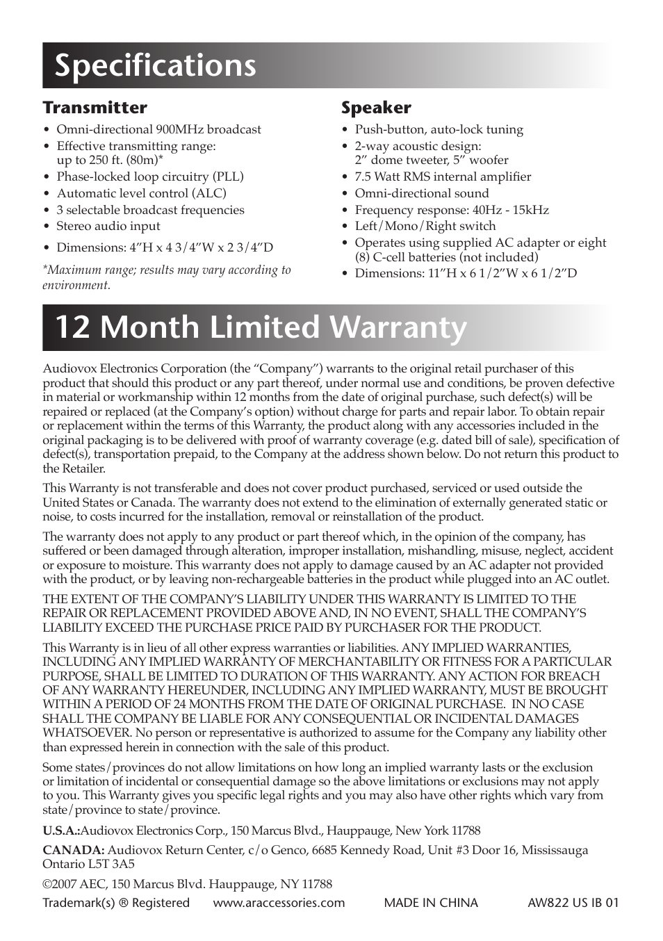 12 month limited warranty specifications, Transmitter, Speaker | Acoustic Research AW822 User Manual | Page 12 / 13