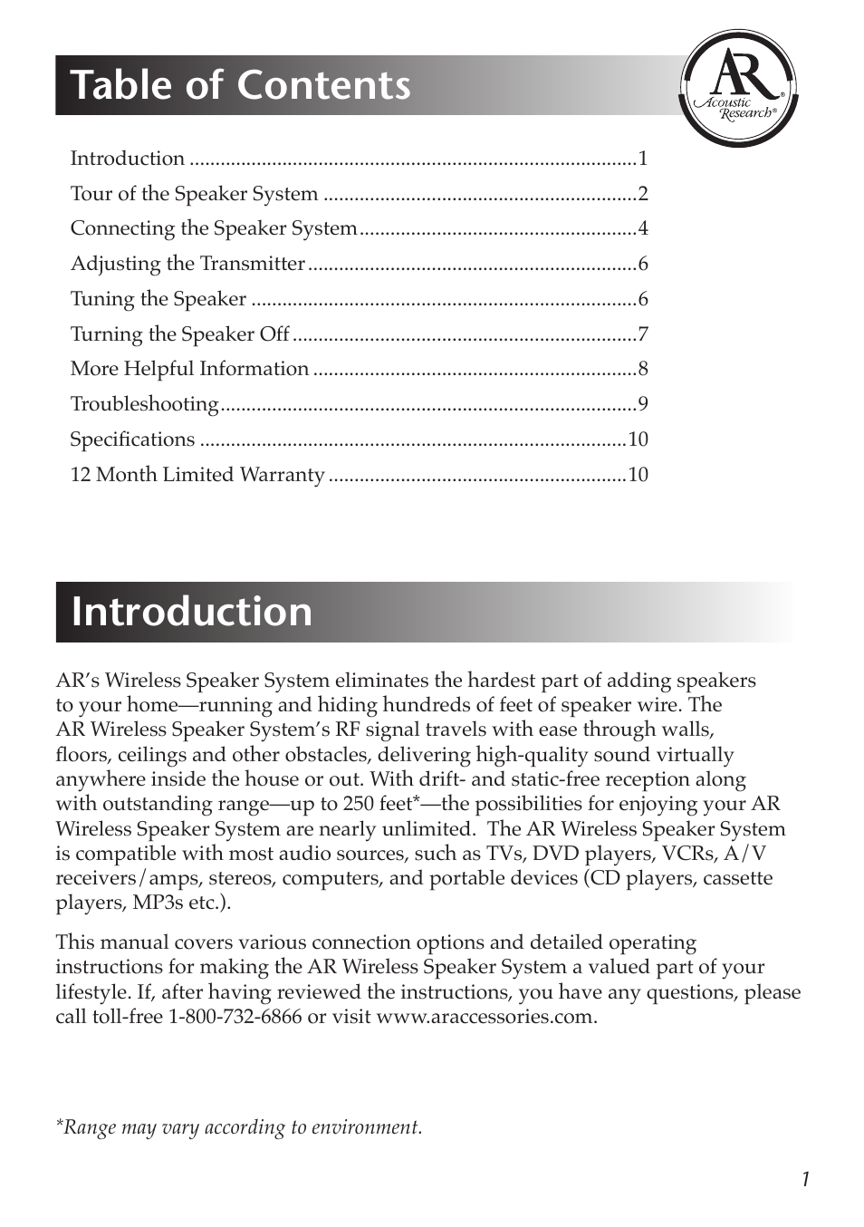 Table of contents introduction | Acoustic Research AW822 User Manual | Page 3 / 13