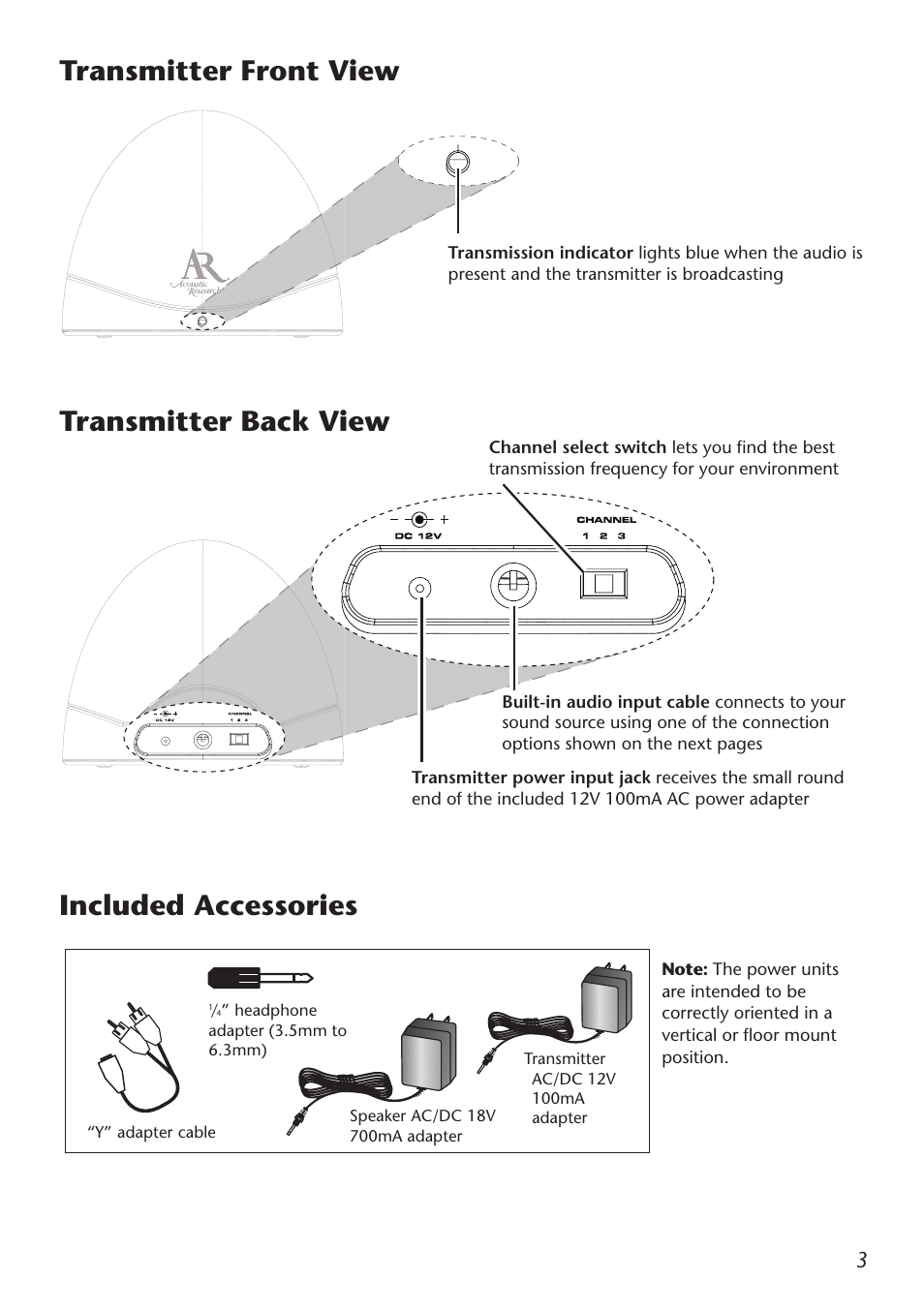 Transmitter front view transmitter back view, Included accessories | Acoustic Research AW822 User Manual | Page 5 / 13