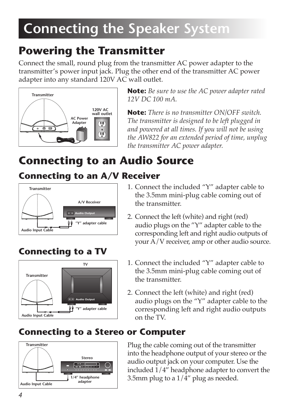 Connecting the speaker system, Powering the transmitter, Connecting to an audio source | Connecting to a stereo or computer, Connecting to a tv, Connecting to an a/v receiver | Acoustic Research AW822 User Manual | Page 6 / 13