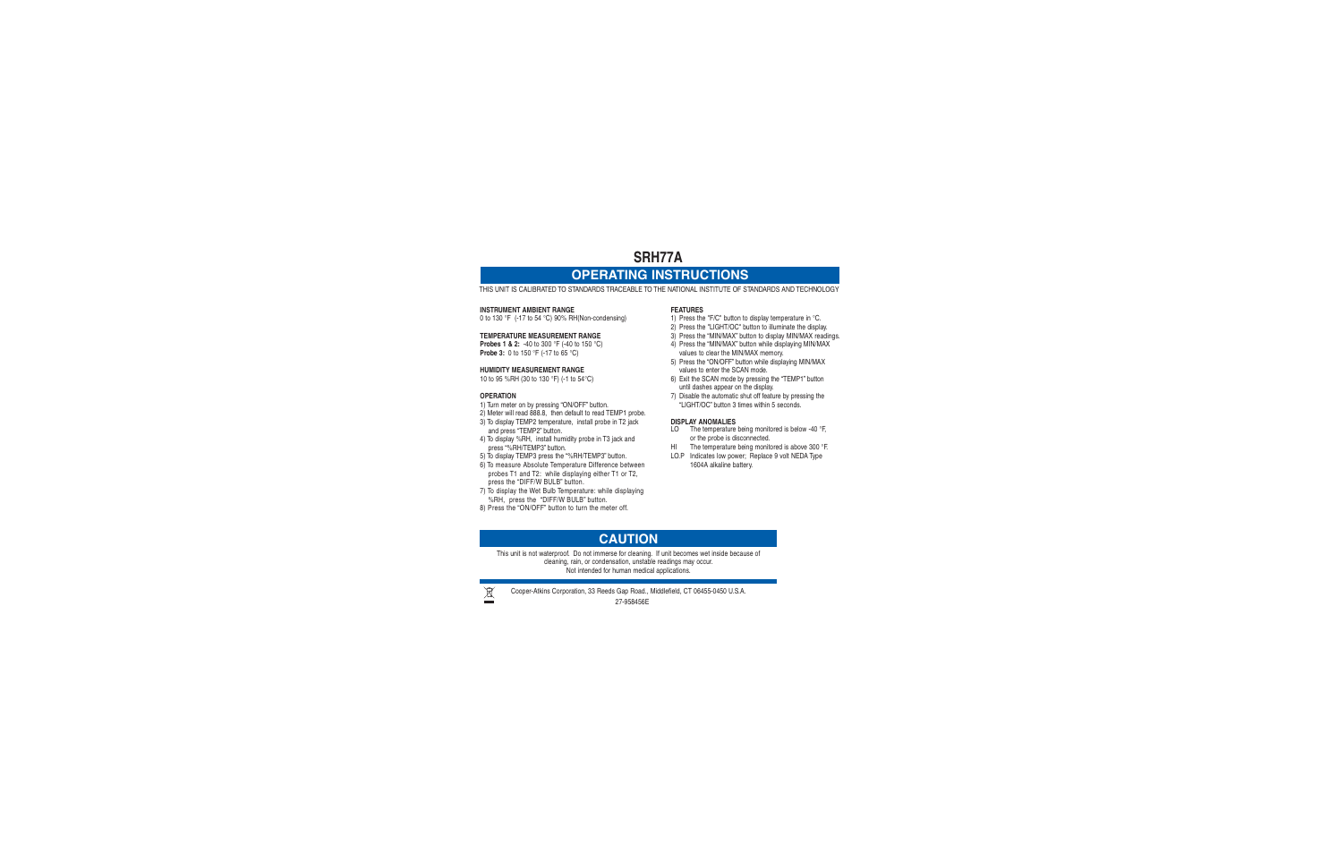 Cooper-Atkins SRH77A_Label User Manual | 1 page