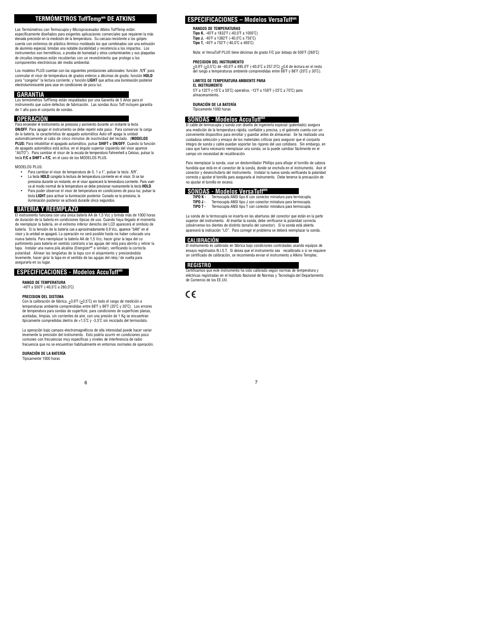 Especificaciones – modelos versatuff, Sondas - modelos accutuff, Sondas - modelos versatuff | Termómetros tufftemp, De atkins, Garantia, Operación, Batería y reemplazo, Especificaciones - modelos accutuff | Cooper-Atkins 39658-K User Manual | Page 4 / 9