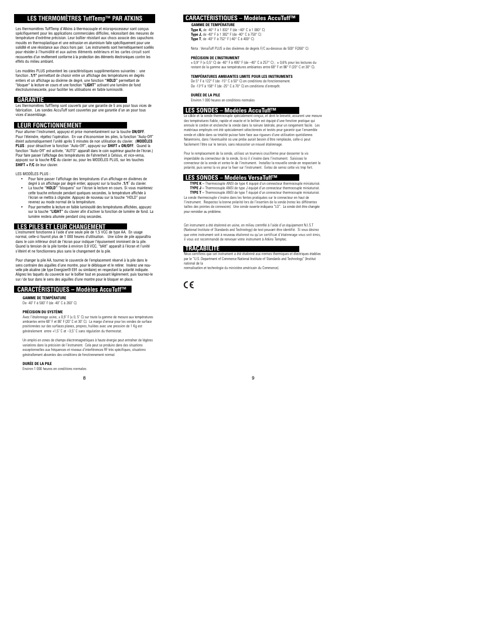 Les thermomètres tufftemp™ par atkins, Garantie, Leur fonctionnement | Les piles et leur changement, Caractéristiques – modèles accutuff, Les sondes – modèles accutuff, Les sondes – modèles versatuff, Étalonnage, Traçabilité | Cooper-Atkins 39658-K User Manual | Page 5 / 9