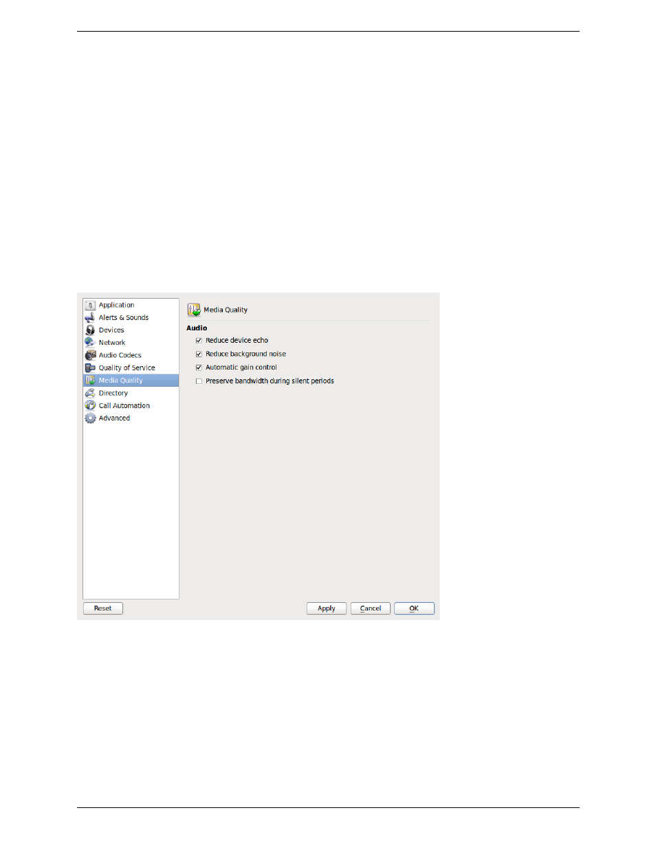 Preferences – network, Preferences – audio codecs, Preferences – quality of service | Preferences – media quality, Preferences – directory | CounterPath Bria for Linux User Guide User Manual | Page 33 / 38