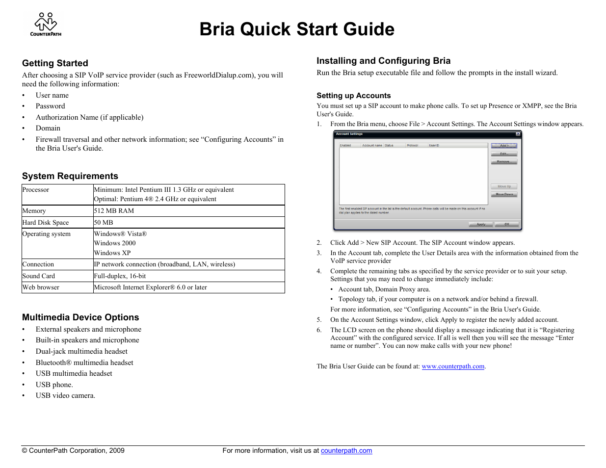 CounterPath Bria Quick Start Guide User Manual | 1 page