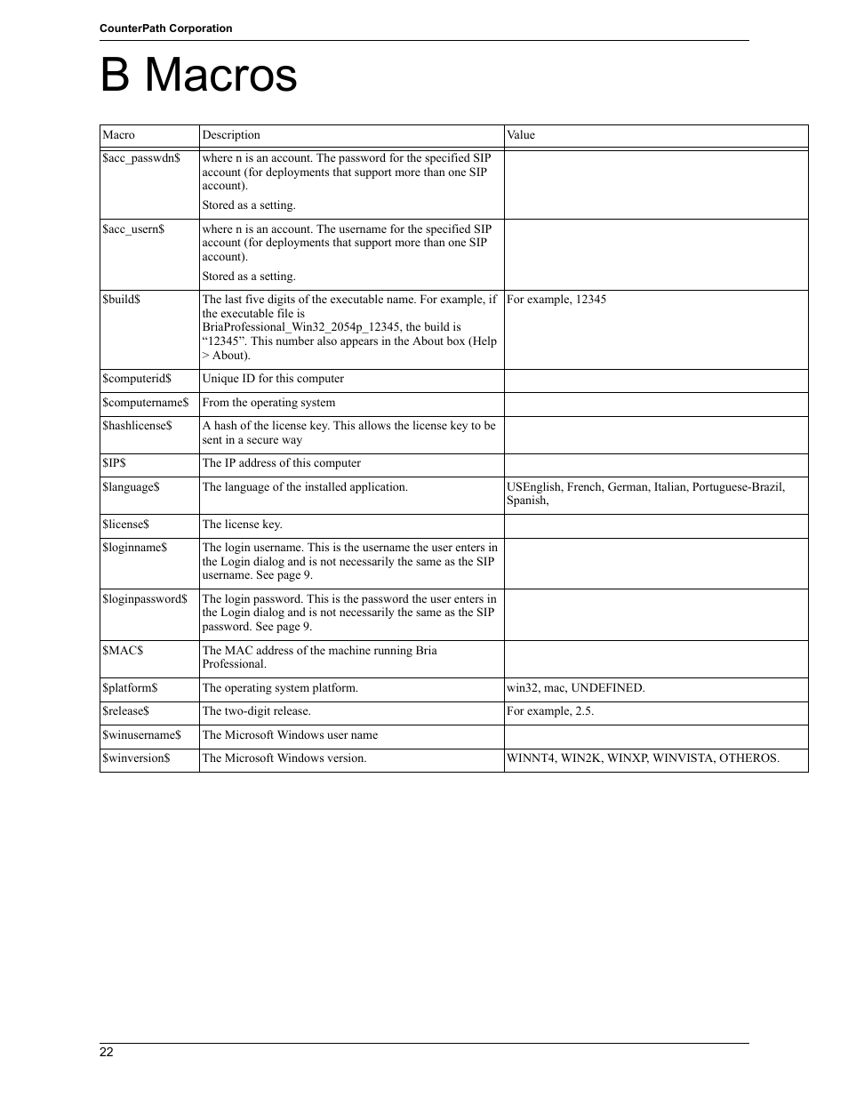 B macros | CounterPath Bria Professional 2.5 Provisioning Guide User Manual | Page 26 / 28
