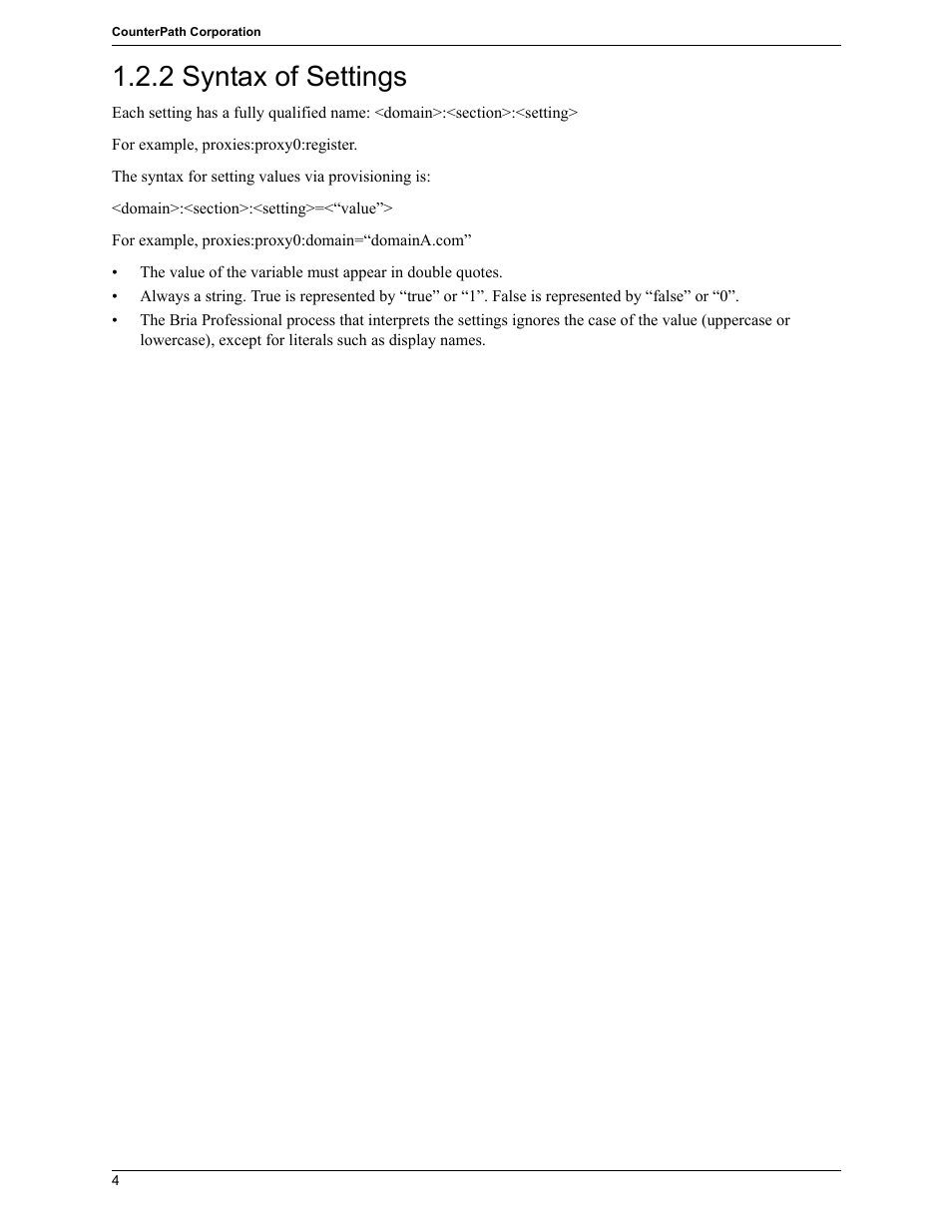2 syntax of settings | CounterPath Bria Professional 2.5 Provisioning Guide User Manual | Page 8 / 28