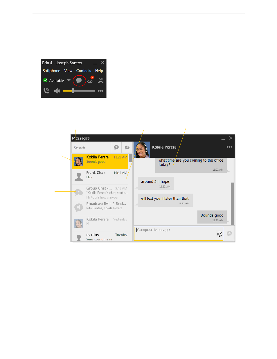 5 viewing messages, Viewing messages | CounterPath Bria 4 Windows User Guide - Enterprise Deployments User Manual | Page 44 / 104