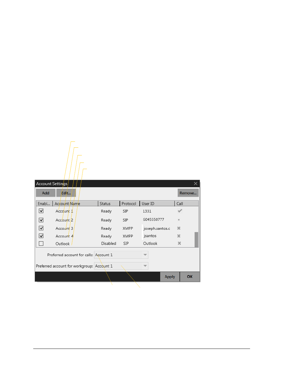 7 configuring bria, 1 configuring accounts, Configuring bria | Configuring accounts, 7configuring bria, Accounts settings window | CounterPath Bria 4 Windows User Guide - Enterprise Deployments User Manual | Page 77 / 104