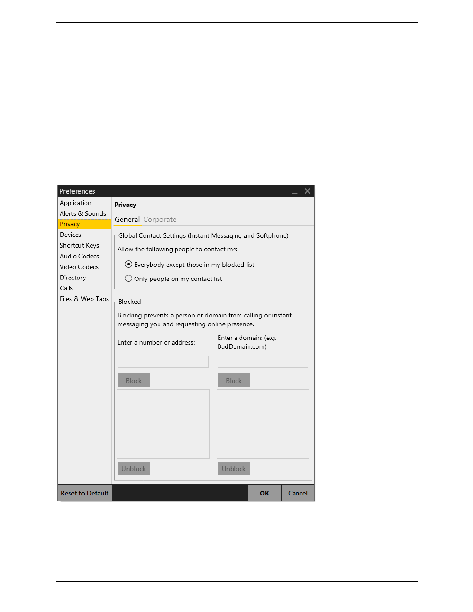 Preferences – privacy | CounterPath Bria 4 Windows User Guide - Enterprise Deployments User Manual | Page 90 / 104