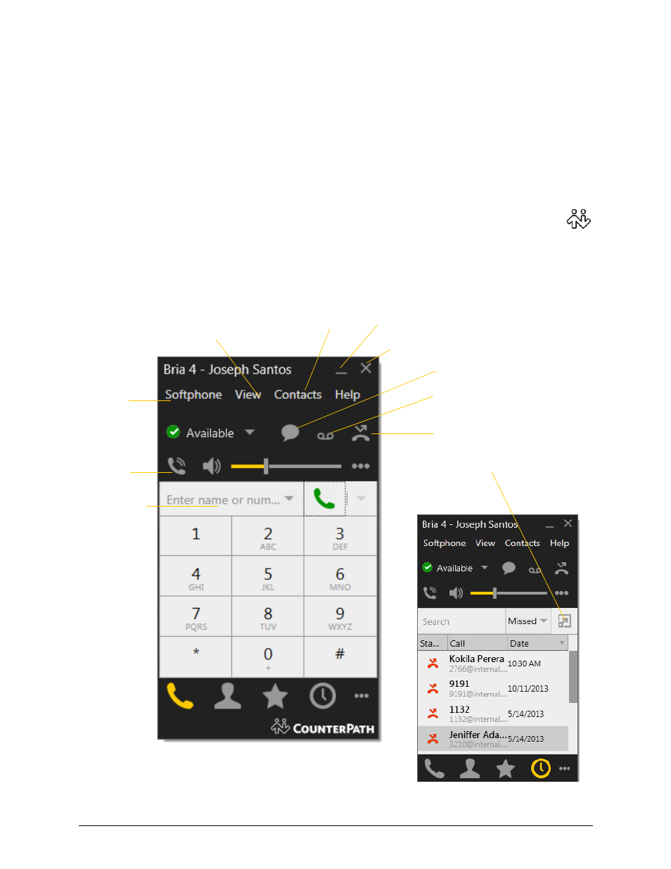 3 making phone calls, 1 starting and quitting bria, 2 the onscreen softphone | Making phone calls, Starting and quitting bria the onscreen softphone, 3making phone calls | CounterPath Bria 4 Windows User Guide - Retail Deployments User Manual | Page 13 / 114