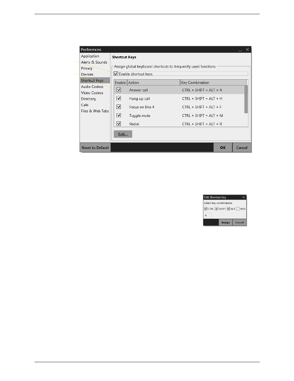 Preferences – shortcut keys | CounterPath Bria 4 Windows User Guide - Retail Deployments User Manual | Page 95 / 114
