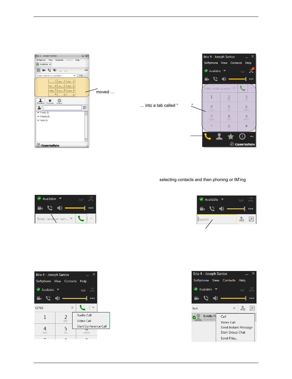 Changes to the softphone, Phone tab versus contacts tab in bria 4 | CounterPath Bria 3.5 vs 4 for Windows Comparison Guide User Manual | Page 2 / 6