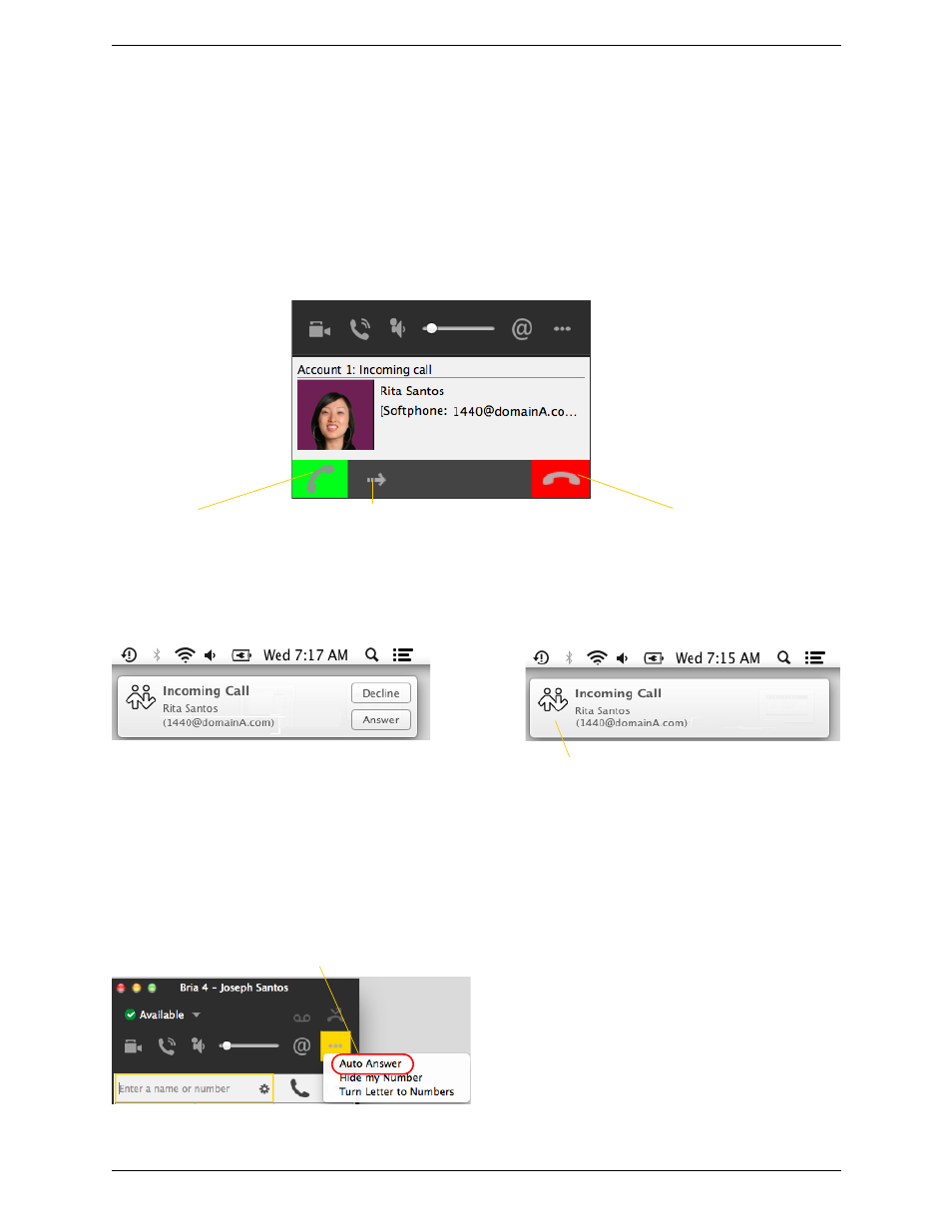3 handling incoming calls, Handling incoming calls | CounterPath Bria 4 Mac User Guide - Enterprise Deployments User Manual | Page 17 / 76