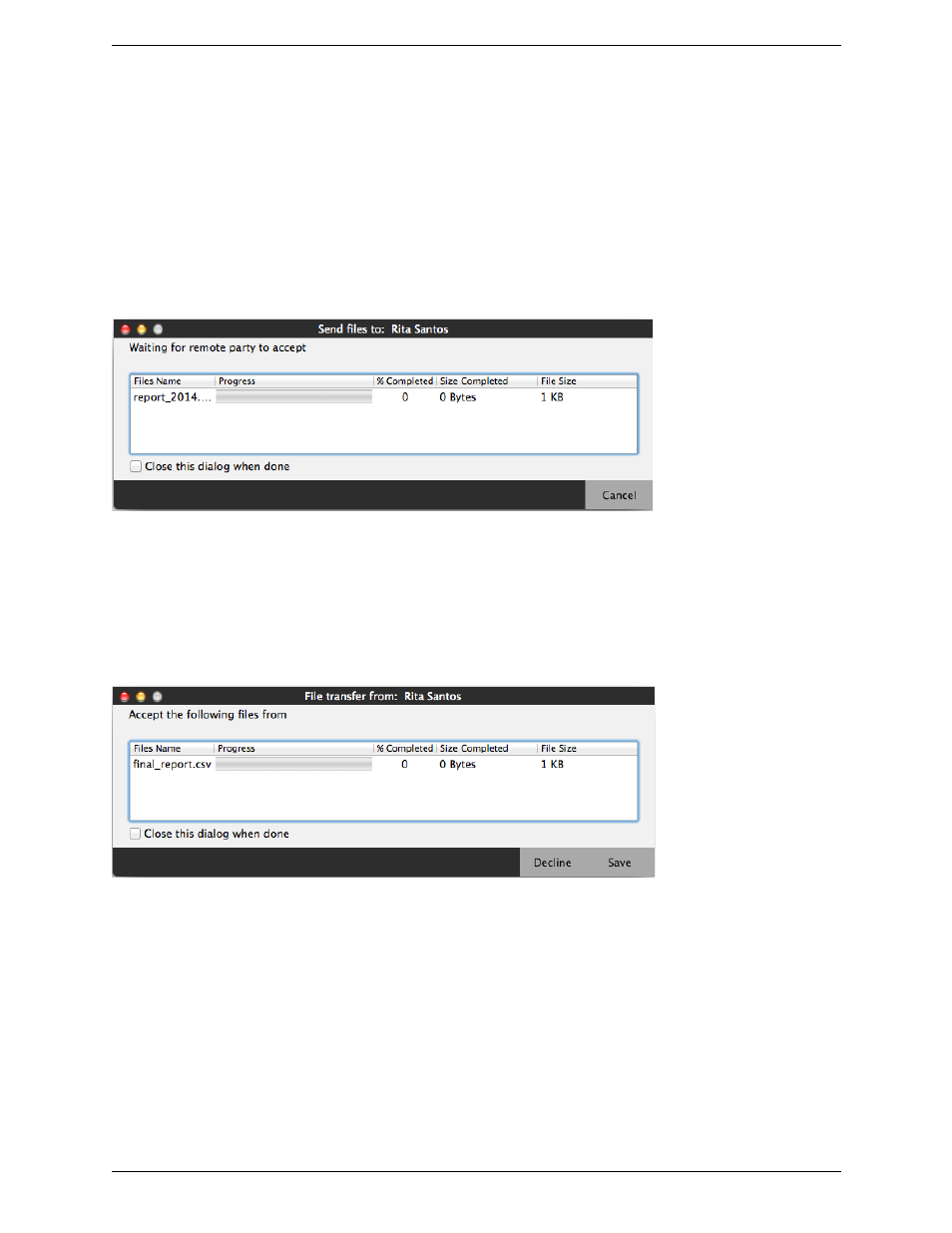 6 sending and receiving files, Sending files, Receiving files | Sending and receiving files | CounterPath Bria 4 Mac User Guide - Enterprise Deployments User Manual | Page 35 / 76