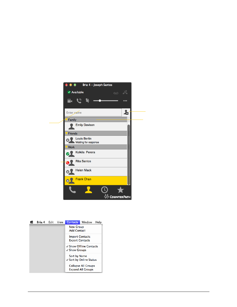 5 the contacts tab, The contacts tab, 5the contacts tab | CounterPath Bria 4 Mac User Guide - Enterprise Deployments User Manual | Page 37 / 76