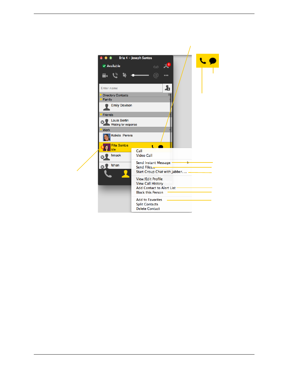 3 using contacts, Using contacts | CounterPath Bria 4 Mac User Guide - Enterprise Deployments User Manual | Page 46 / 76