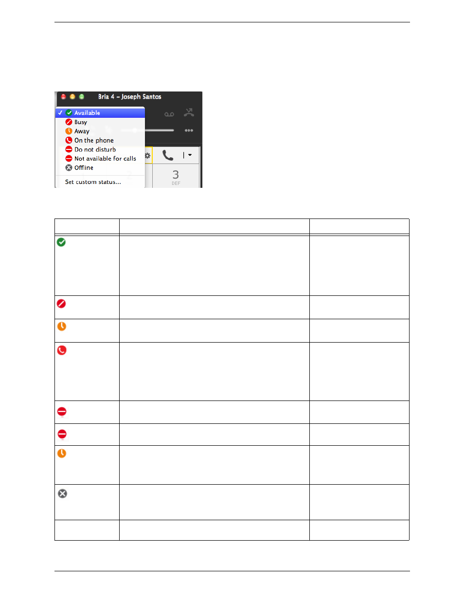 Setting your online status, Changing your status, Setting up online status indicators | CounterPath Bria 4 Mac User Guide - Enterprise Deployments User Manual | Page 49 / 76