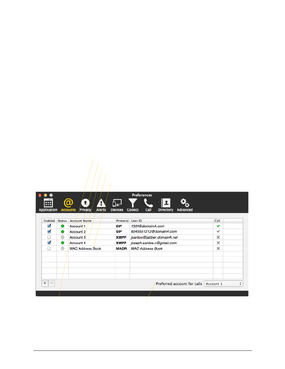 7 configuring bria, 1 configuring accounts: the accounts tab, Configuring bria | Configuring accounts: the accounts tab, 7configuring bria | CounterPath Bria 4 Mac User Guide - Enterprise Deployments User Manual | Page 57 / 76