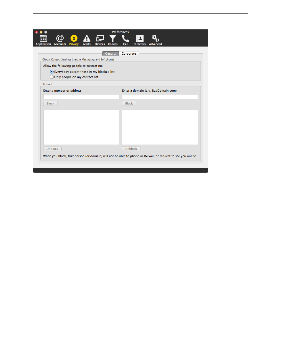 Preferences – privacy | CounterPath Bria 4 Mac User Guide - Enterprise Deployments User Manual | Page 63 / 76