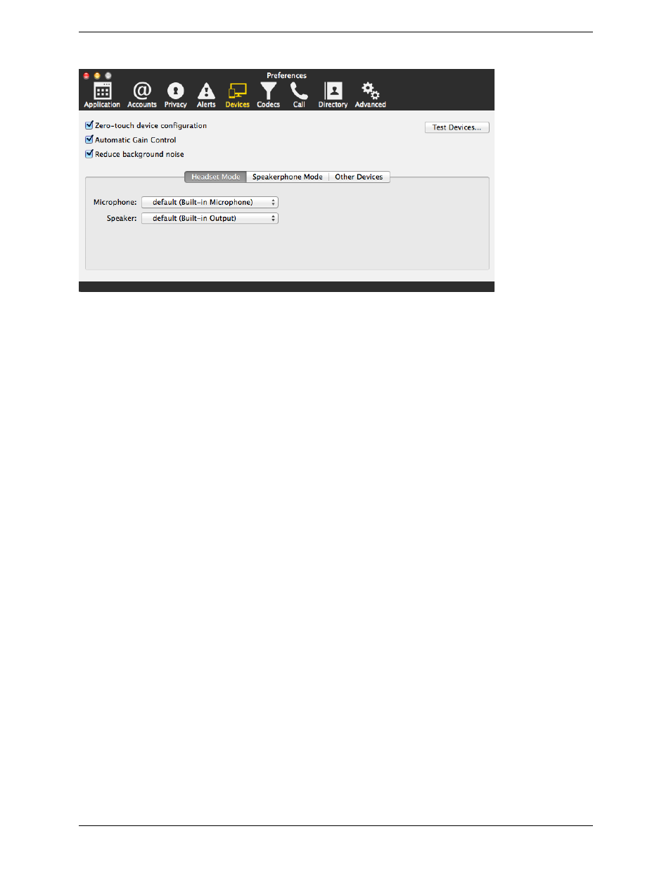 Preferences – devices | CounterPath Bria 4 Mac User Guide - Enterprise Deployments User Manual | Page 65 / 76