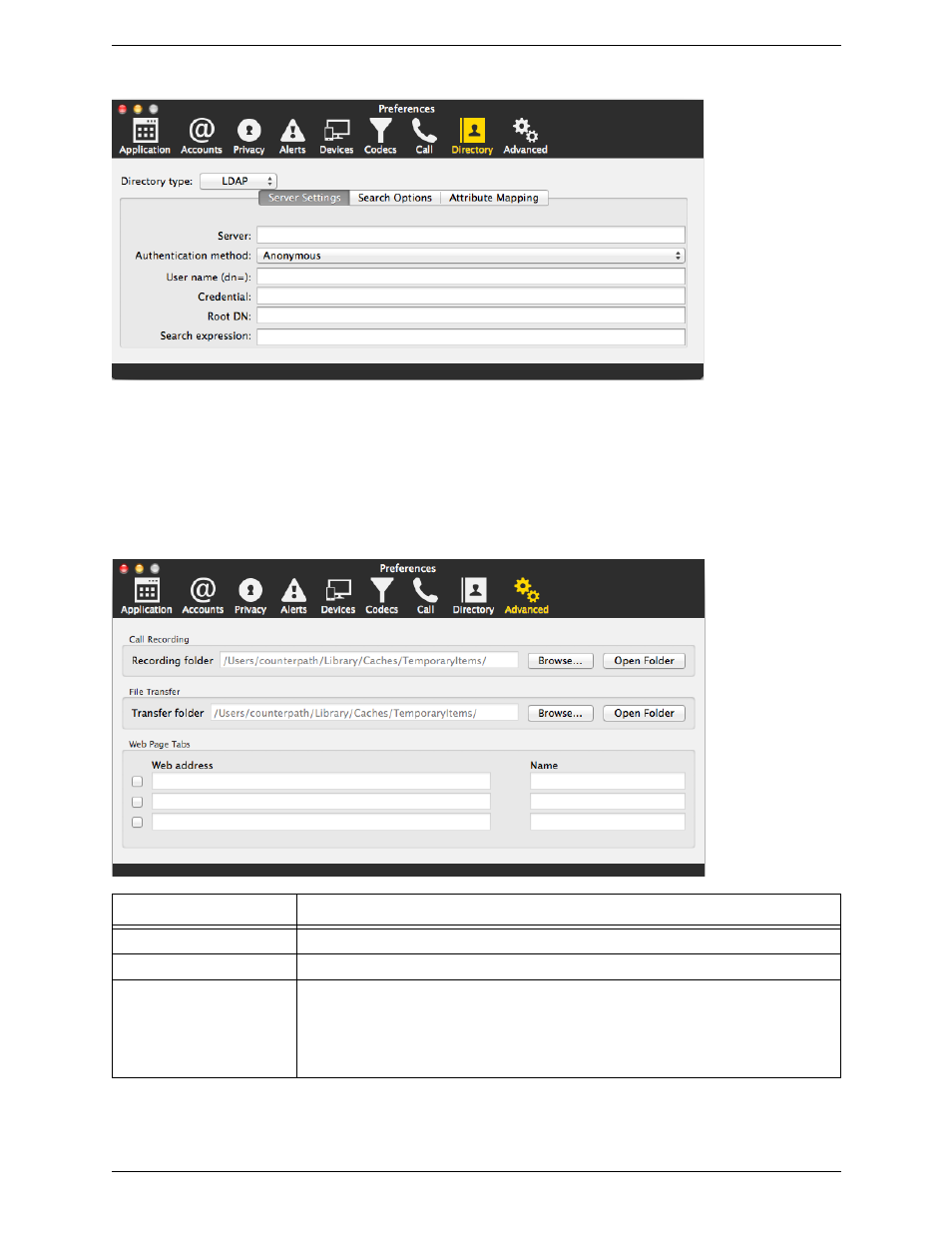 Preferences – directory, Preferences – advanced | CounterPath Bria 4 Mac User Guide - Enterprise Deployments User Manual | Page 68 / 76