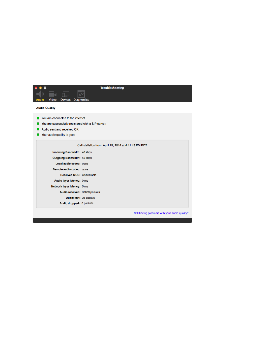 A troubleshooting, Testing audio quality | CounterPath Bria 4 Mac User Guide - Enterprise Deployments User Manual | Page 69 / 76