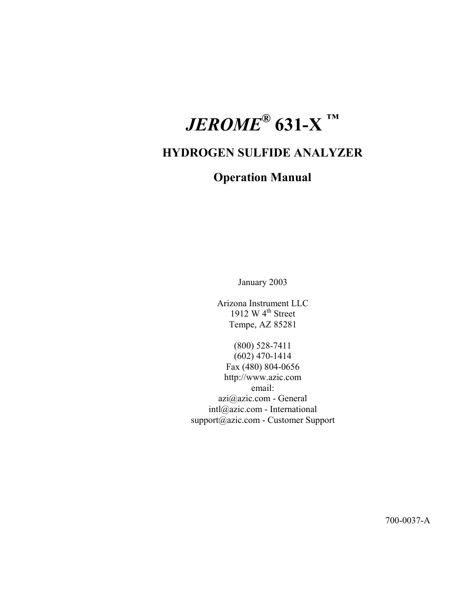 Arizona Hydrogen Sulfide Analyzer Jerome 631-X User Manual | 50 pages