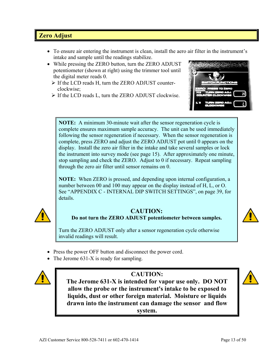 Zero adjust | Arizona Hydrogen Sulfide Analyzer Jerome 631-X User Manual | Page 13 / 50