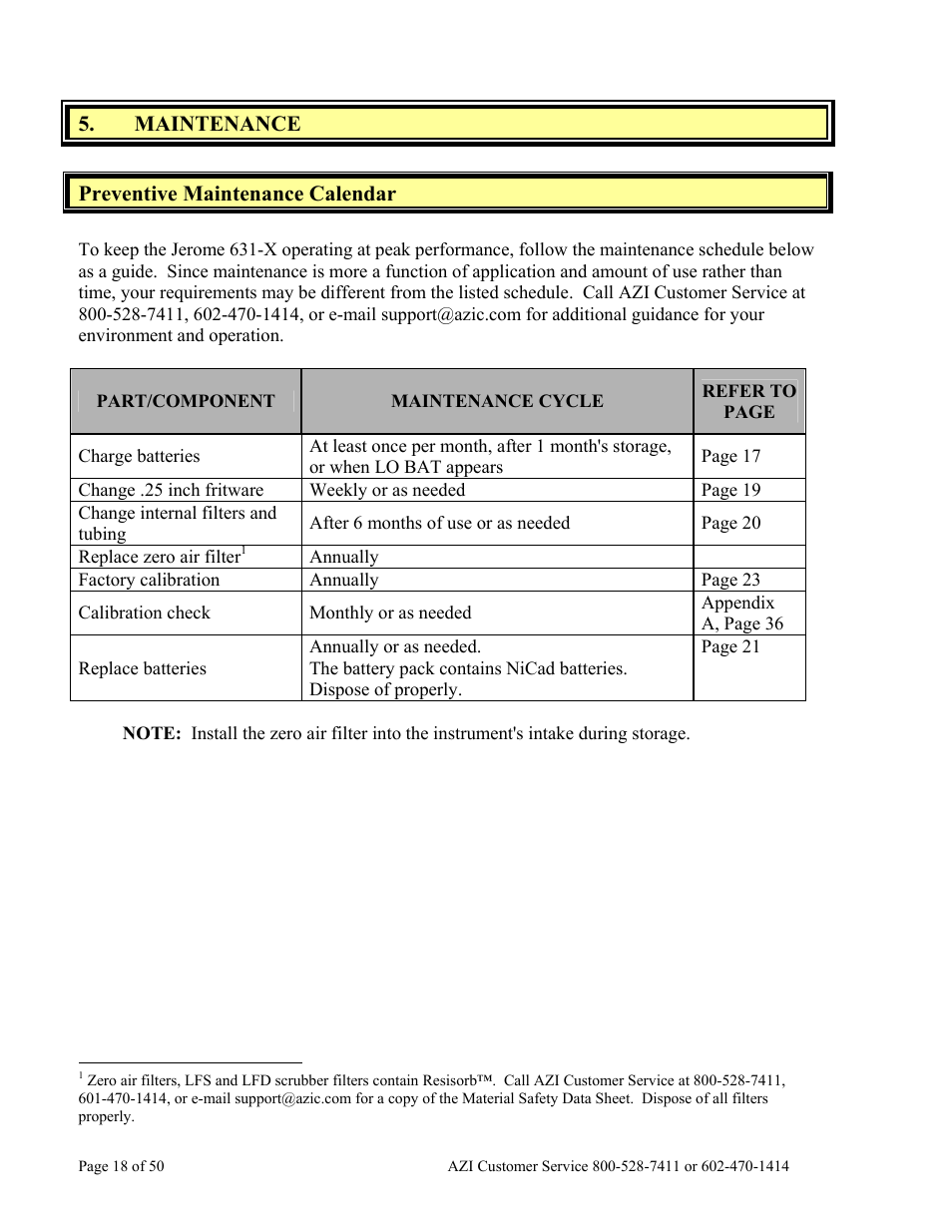 Maintenance, Preventive maintenance calendar, Maintenance preventive maintenance calendar | Arizona Hydrogen Sulfide Analyzer Jerome 631-X User Manual | Page 18 / 50