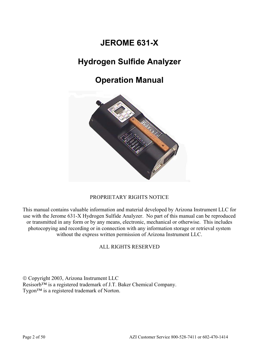 Arizona Hydrogen Sulfide Analyzer Jerome 631-X User Manual | Page 2 / 50