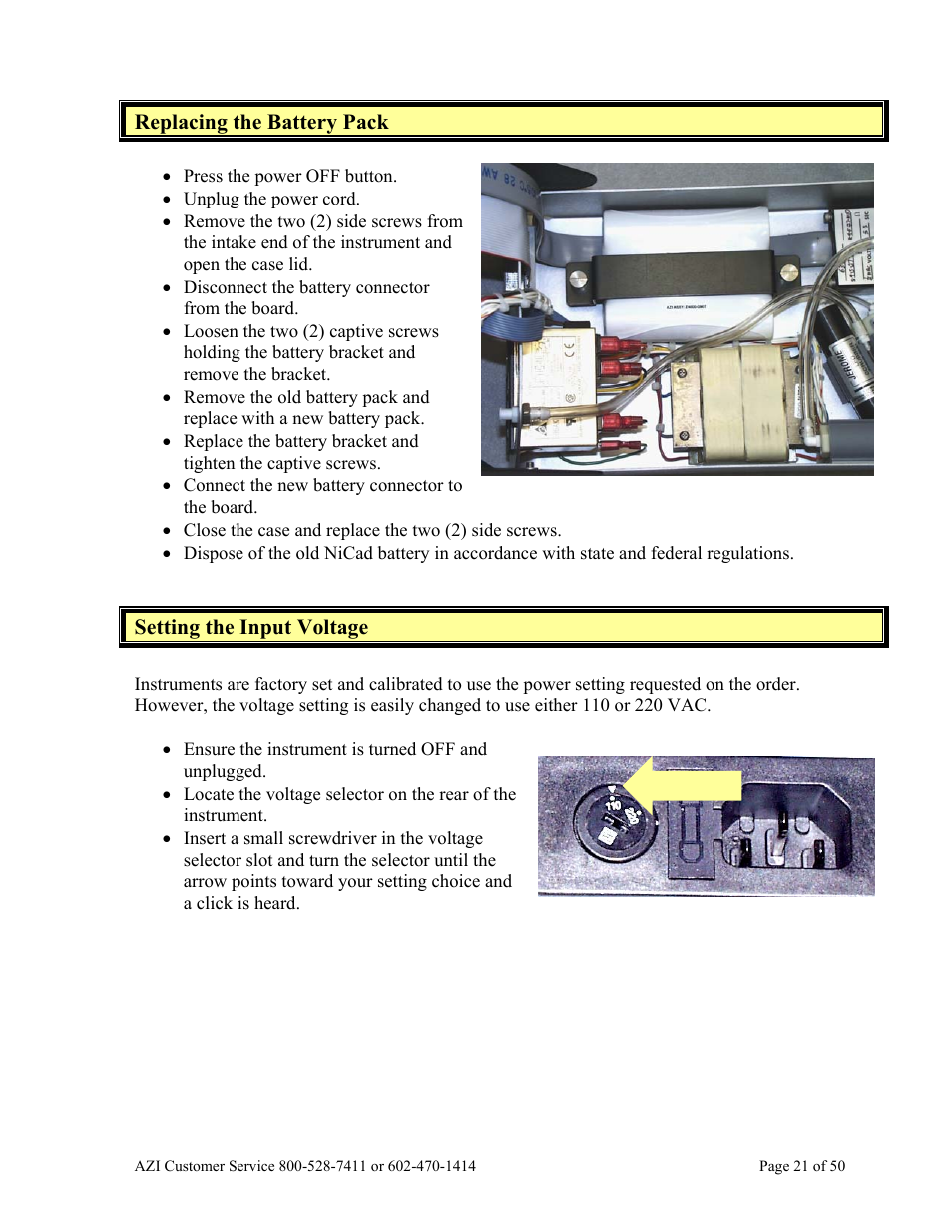 Replacing the battery pack, Setting the input voltage, 21 if necess | Arizona Hydrogen Sulfide Analyzer Jerome 631-X User Manual | Page 21 / 50