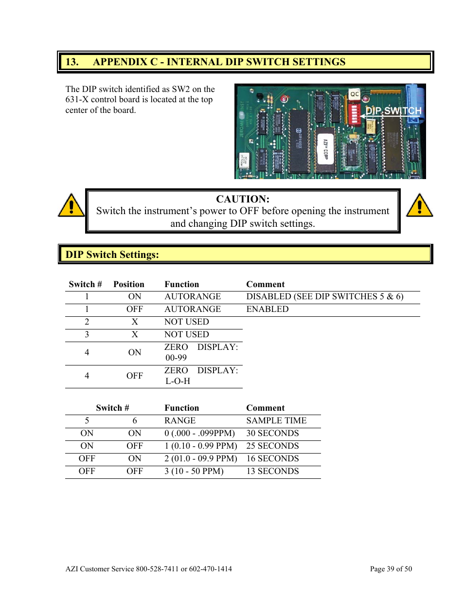 Appendix c - internal dip switch settings, Dip switch settings | Arizona Hydrogen Sulfide Analyzer Jerome 631-X User Manual | Page 39 / 50