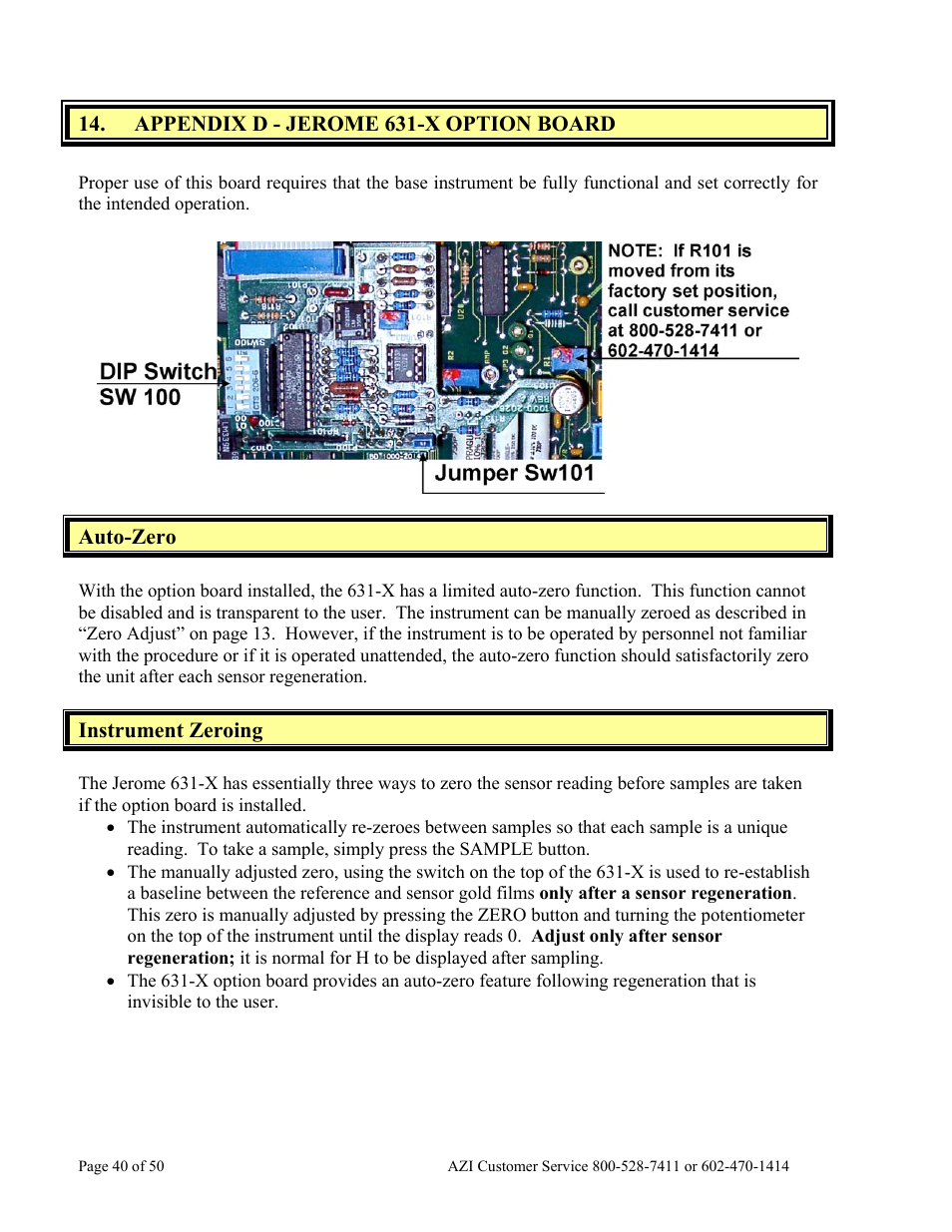 Appendix d - jerome 631-x option board, Auto-zero, Instrument zeroing | Arizona Hydrogen Sulfide Analyzer Jerome 631-X User Manual | Page 40 / 50