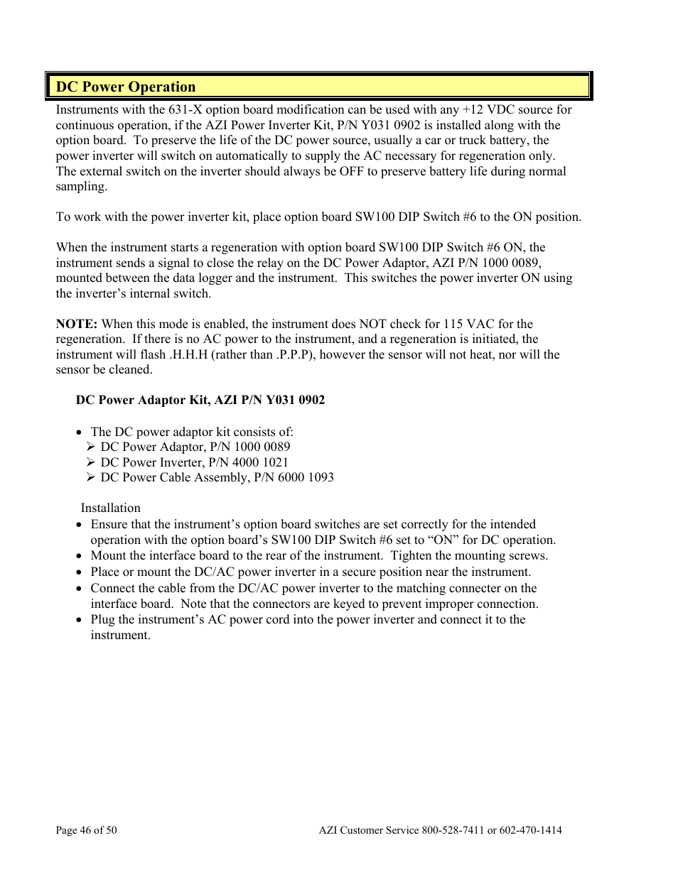 Dc power operation, Dc power adaptor kit, azi p/n y031 0902 | Arizona Hydrogen Sulfide Analyzer Jerome 631-X User Manual | Page 46 / 50