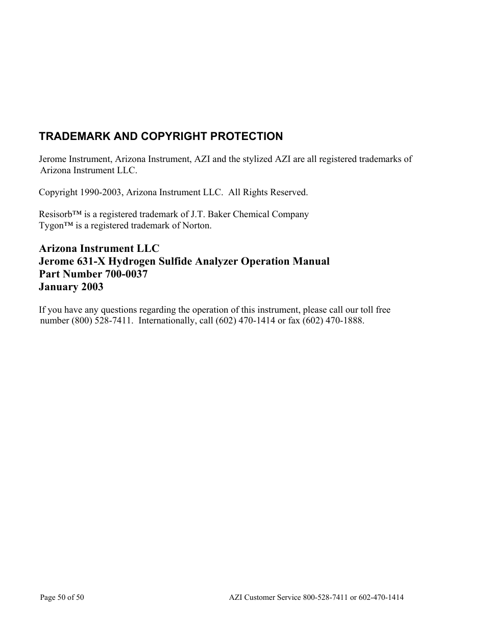 Arizona Hydrogen Sulfide Analyzer Jerome 631-X User Manual | Page 50 / 50