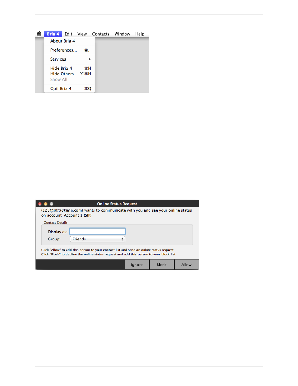 The bria menu, Receiving an online status request | CounterPath Bria 4 Mac User Guide - Retail Deployments User Manual | Page 14 / 90