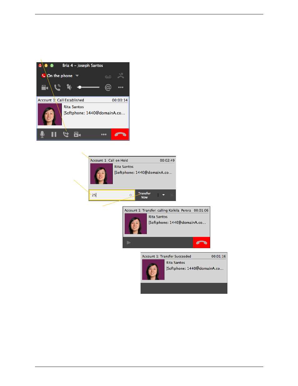 5 transfering a call, Basic (unattended) transfer – transfer this call, Transfering a call | CounterPath Bria 4 Mac User Guide - Retail Deployments User Manual | Page 21 / 90