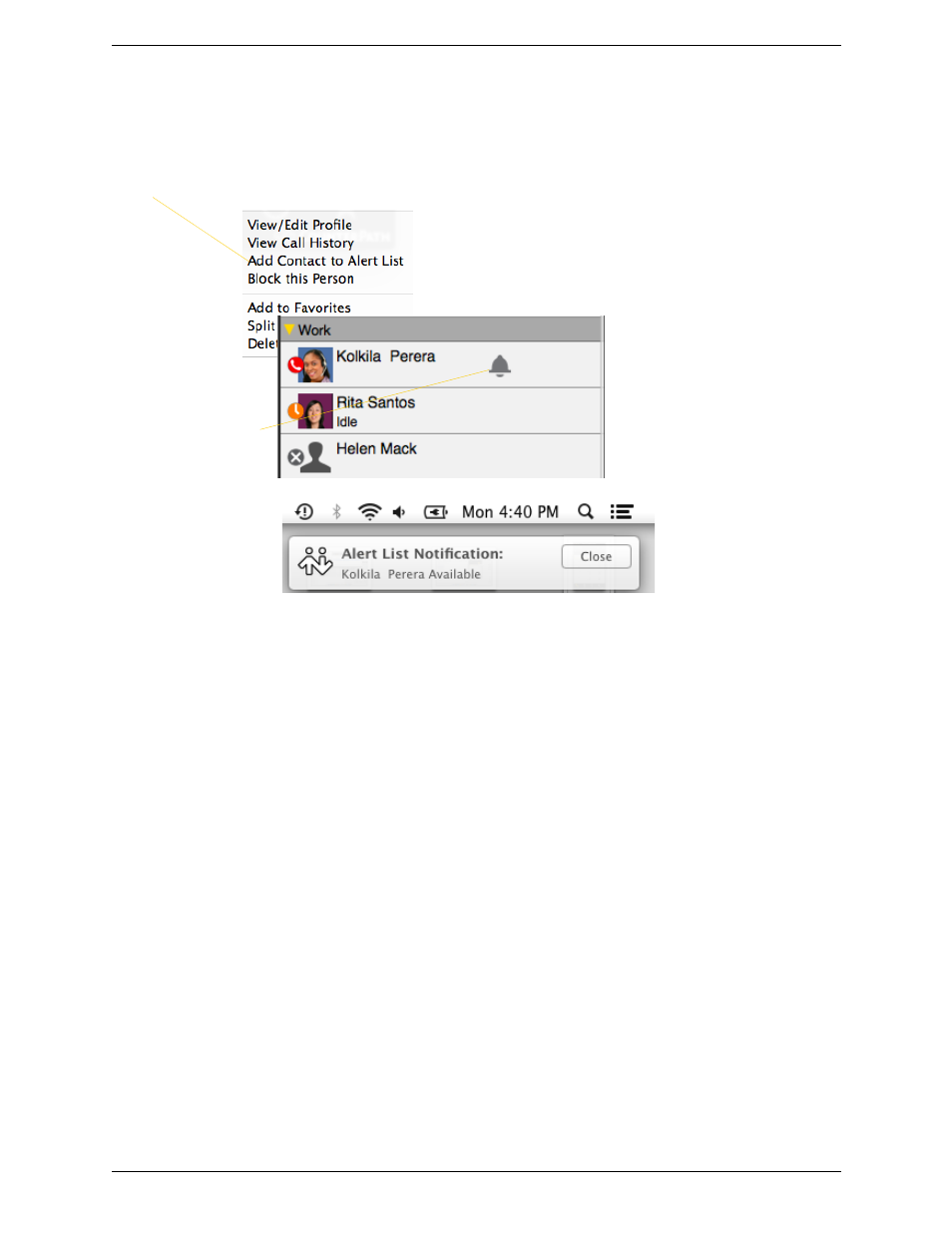 Adding contacts to the alert list (buddy pounce) | CounterPath Bria 4 Mac User Guide - Retail Deployments User Manual | Page 46 / 90