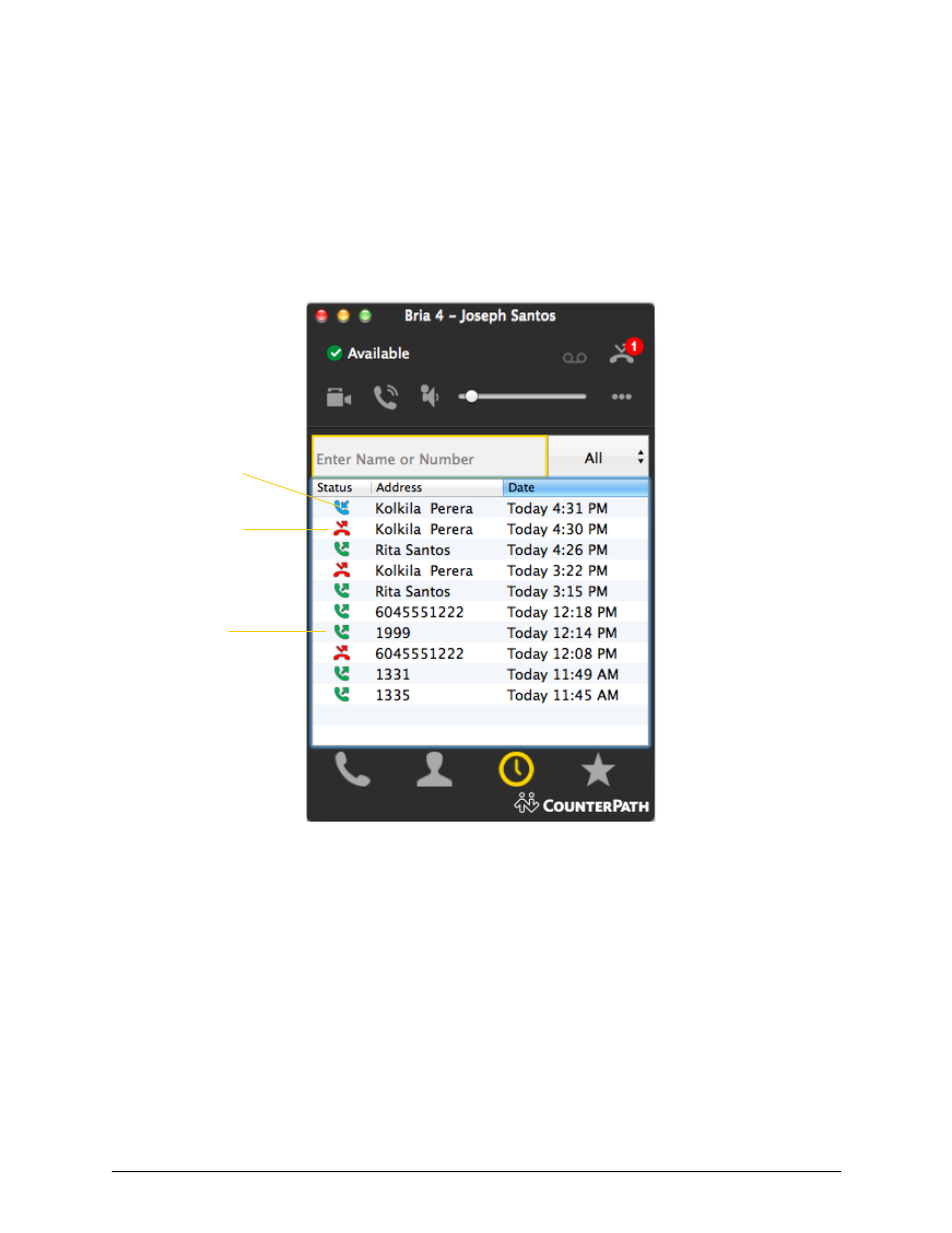 6 using other resources, 1 the history tab, Managing the list of calls | Using other resources, The history tab, 6using other resources | CounterPath Bria 4 Mac User Guide - Retail Deployments User Manual | Page 49 / 90