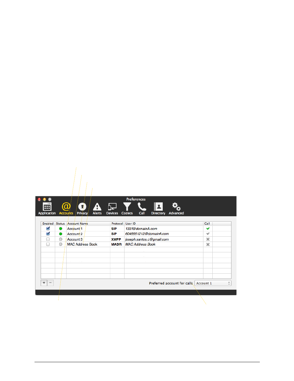 7 configuring bria, 1 configuring accounts: the accounts tab, Configuring bria | Configuring accounts: the accounts tab, 7configuring bria | CounterPath Bria 4 Mac User Guide - Retail Deployments User Manual | Page 53 / 90